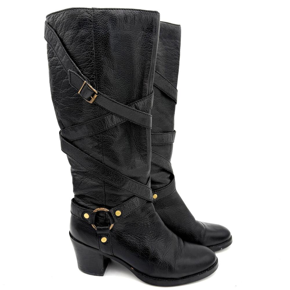 Lauren Ralph Lauren Women's Black Leather Moto Buckle High Boots Size 7.5